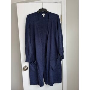 Denim & Co Navy Blue Marl Open Front Longline Cardigan Duster Pockets Womens 3X